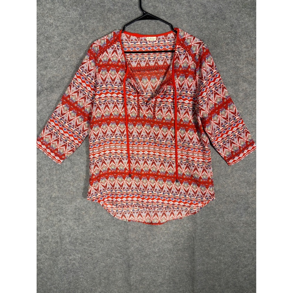 Antilia Femme Red Geometric Print Tassel Tie Neck 3/4 Sleeve Blouse‎ Women's L